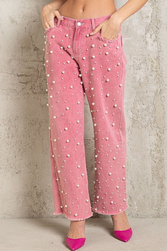 POL Clothing Inc Pearl beaded distressed denim twill pants in peony flower pink