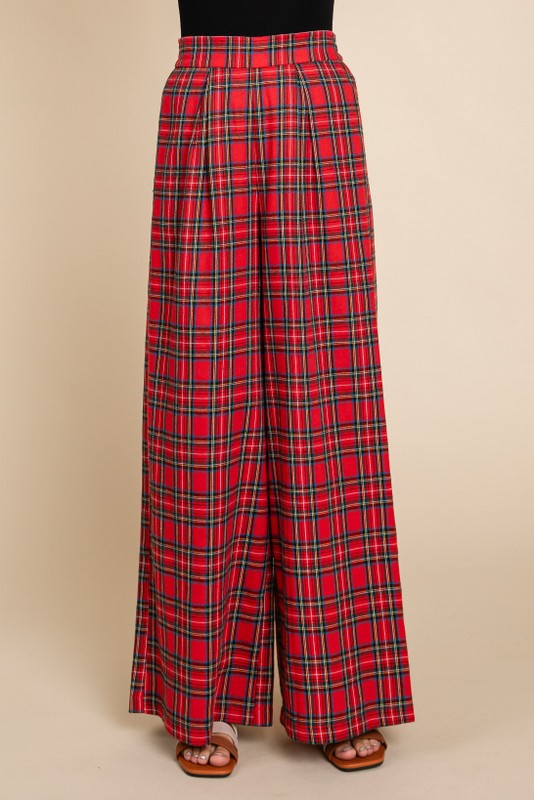 Jodifl Red and green plaid wide leg flannel palazzo pants