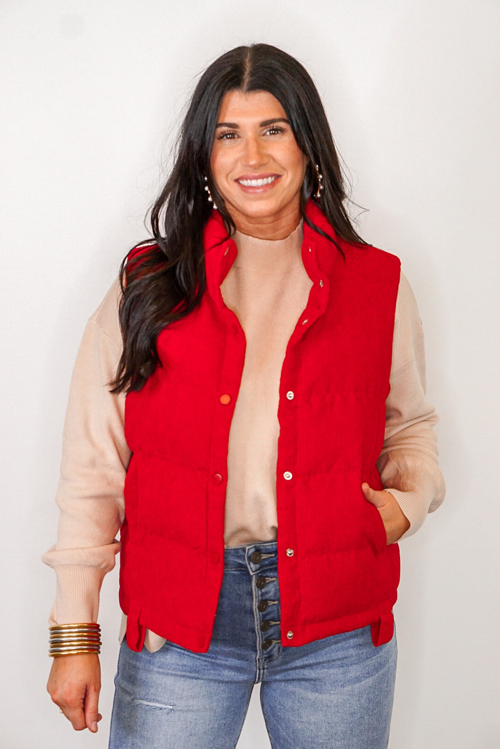 trending red corduroy quilted vest