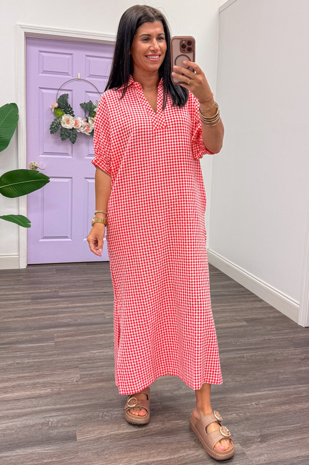 gingham midi dress pink red Red Gingham Midi Dress with Pockets- Women's Everyday Dresses Large