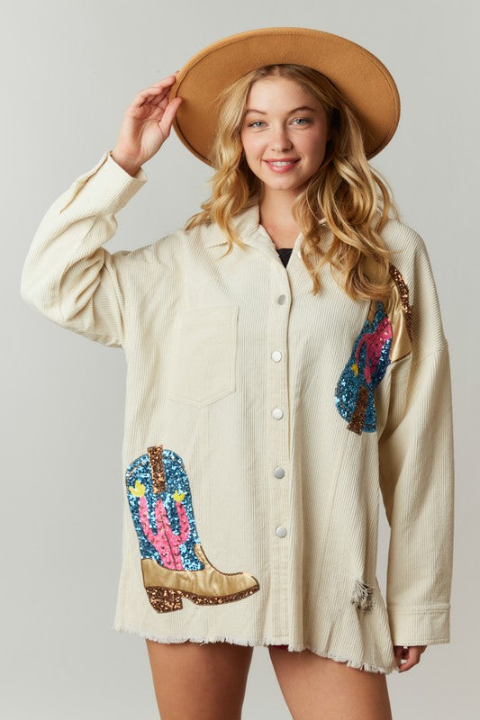 Peach Love California Ivory corduroy shacket embellished with sequin cowgirl boots