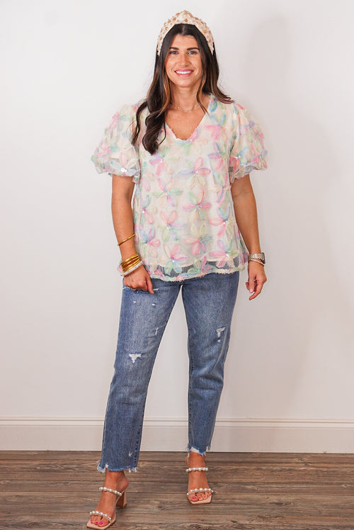 Floral sequined overlay pastel blouse