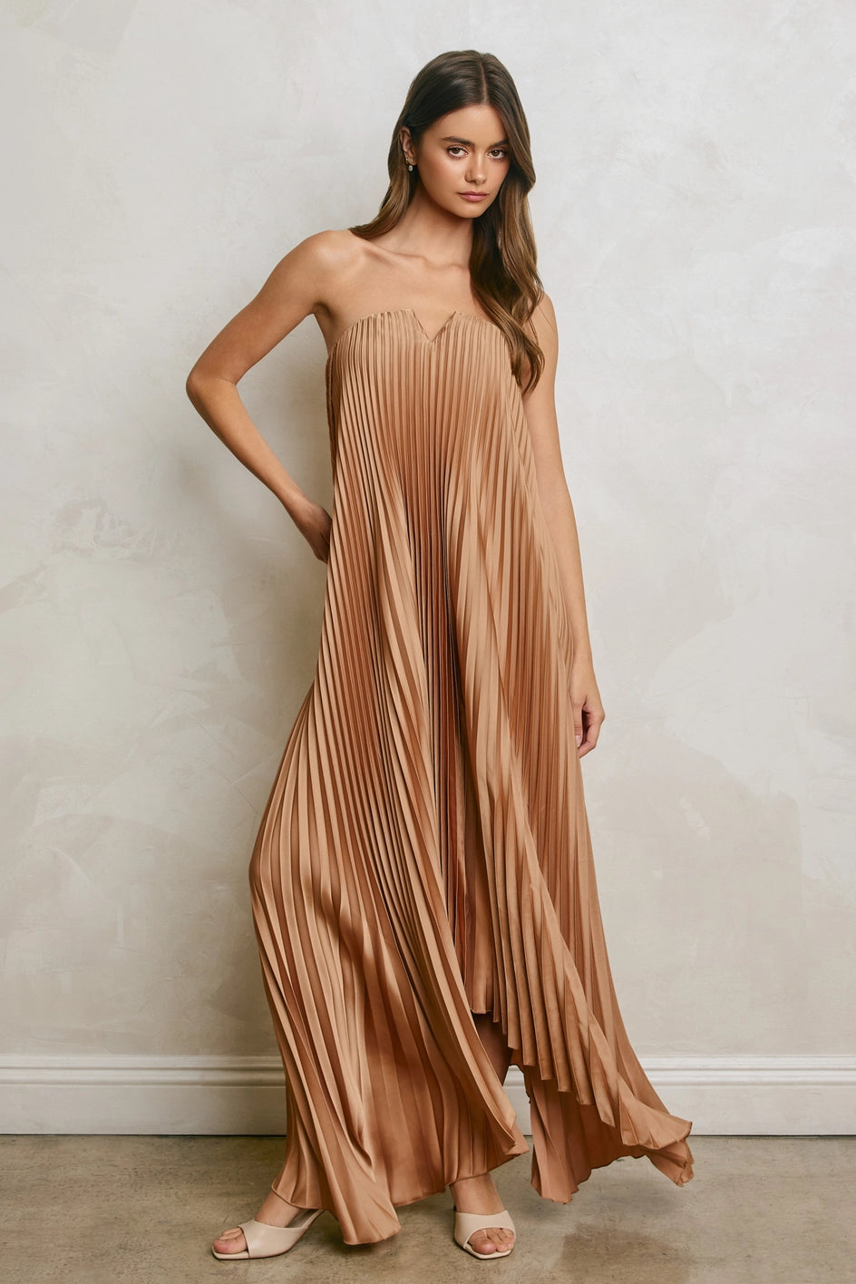 Light Bronze Pleated Satin Strapless Maxi Dress Large