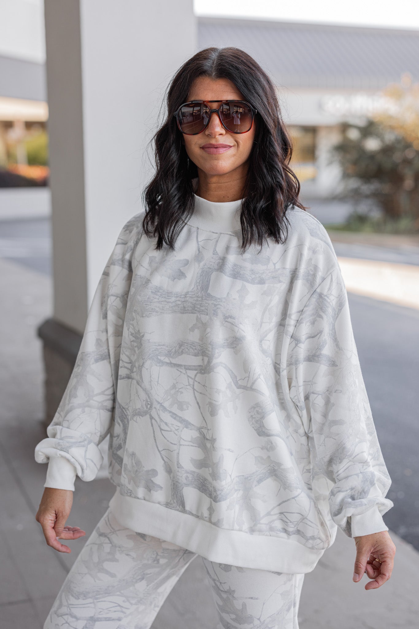 Women's Oversized Grey Camo Mock Neck Sweatshirt – Purple Door