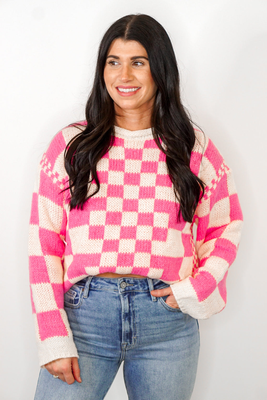 trending pink checkered sweater