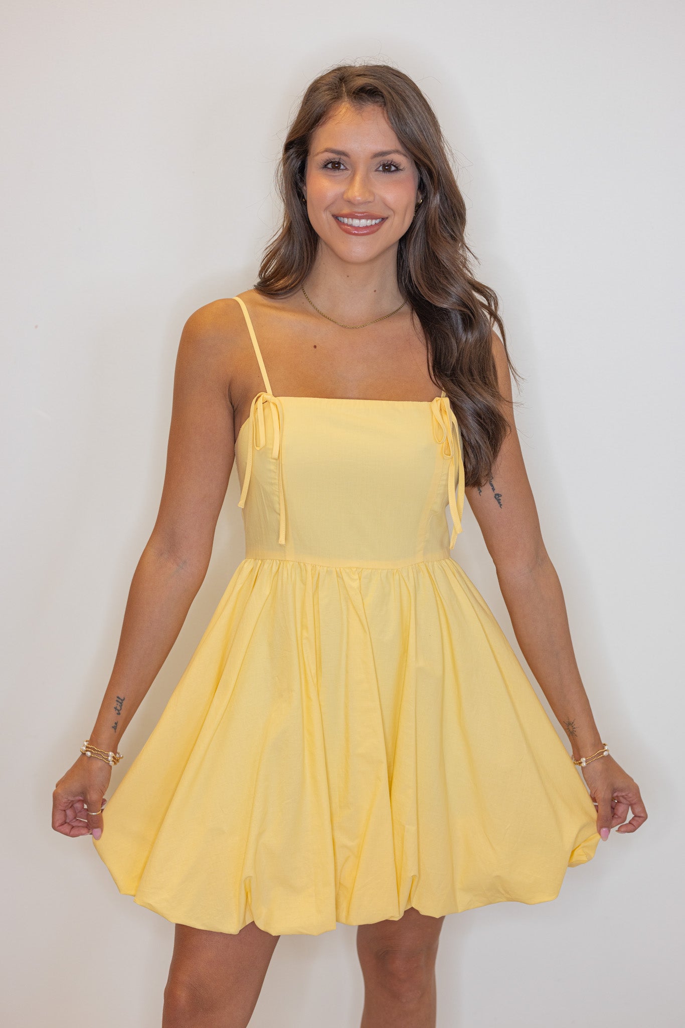 Yellow Sleeveless Bubble Hem Dress | Purple Door Yellow Sleeveless Bubble Hem Dress | Purple Door