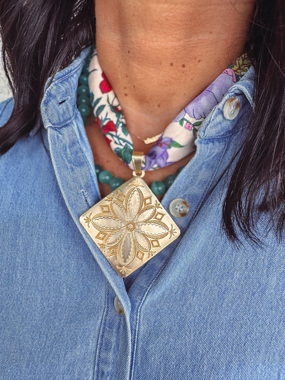 Beautiful floral twilly scarf necklace with gold medallion pendant