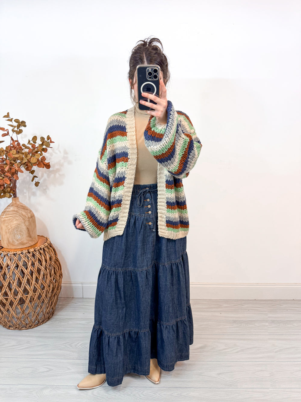 Dark denim maxi skirt by Peach Love California showing full front view