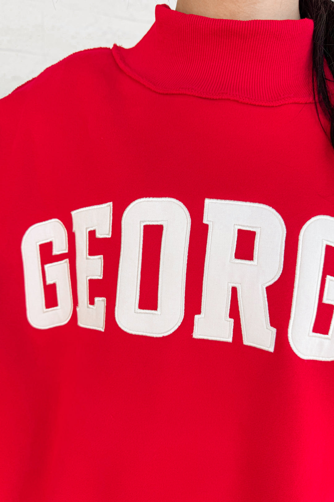 Georgia red mock neck oversized sweatshirt parke embroidered details