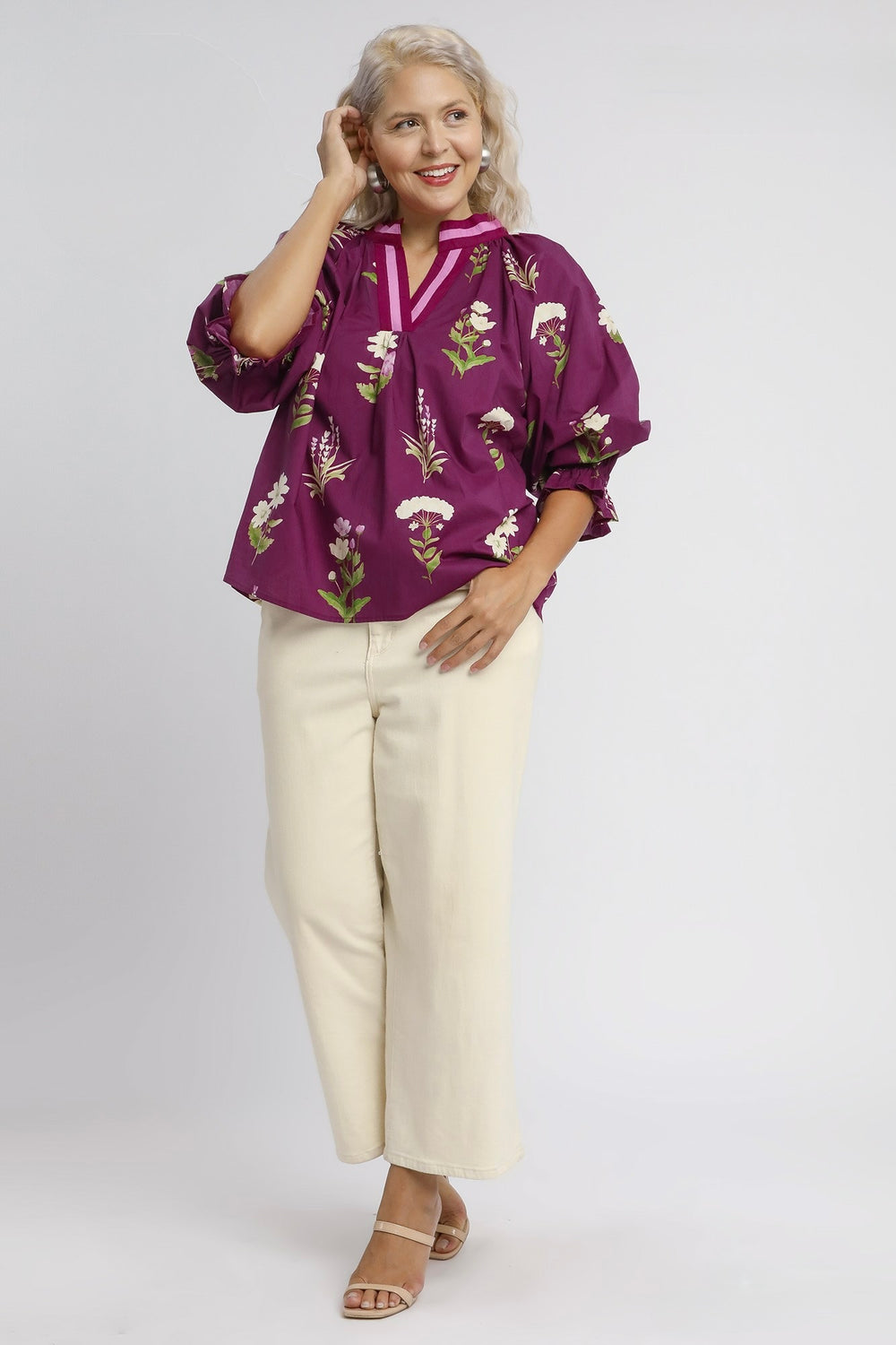 Umgee women's plum floral print poplin top with deep red and pink trimmed v neckline in plus showing full front view