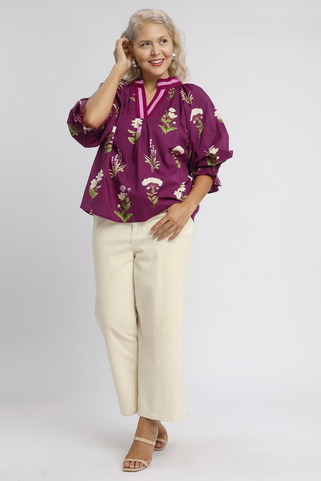 Umgee women's plum floral print poplin top with deep red and pink trimmed v neckline in plus showing full front view