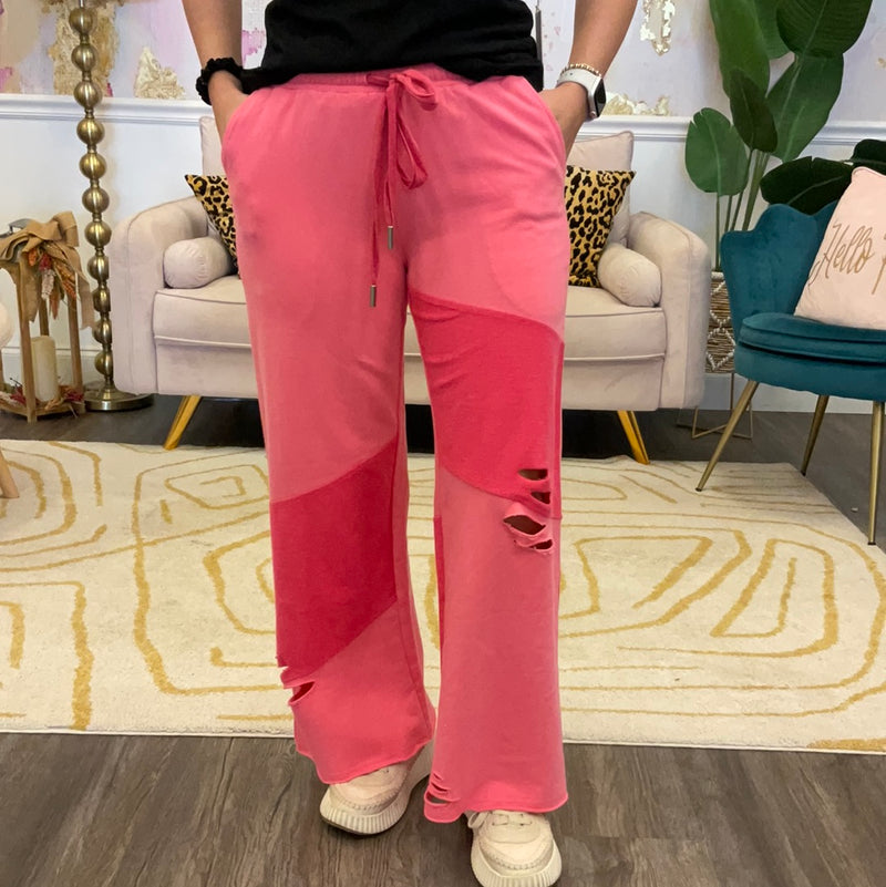 Pink Colorblock Terry Cropped Pants