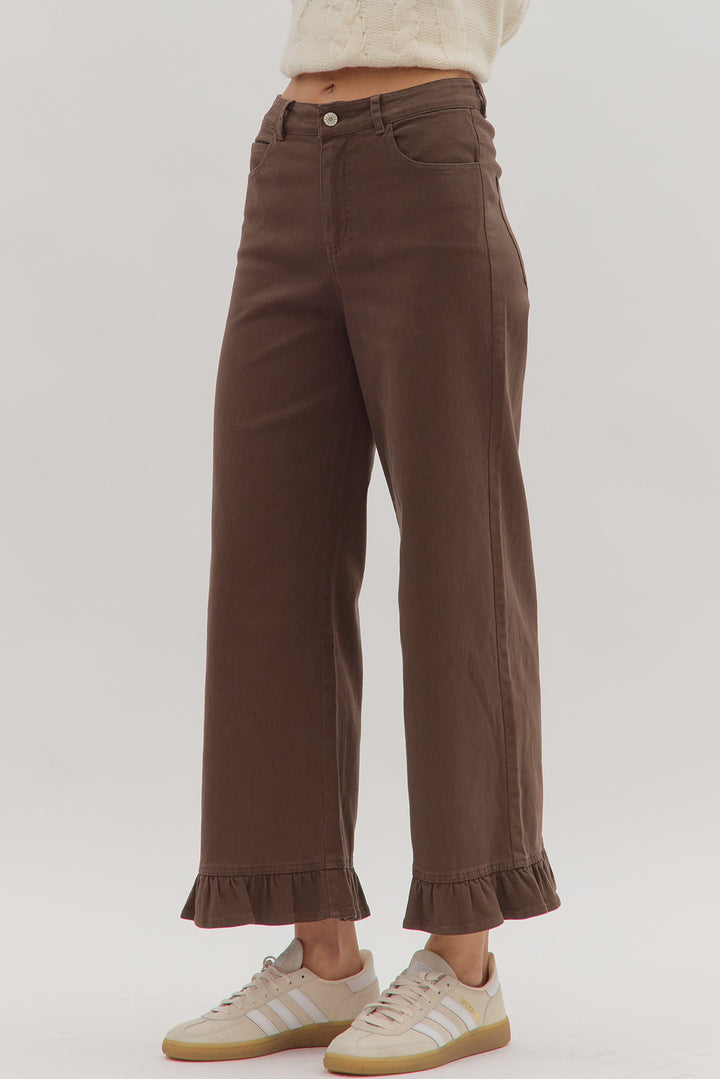 womens entro brown ruffle bottom twill pants side