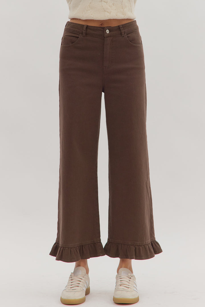 womens entro brown ruffle bottom twill pants