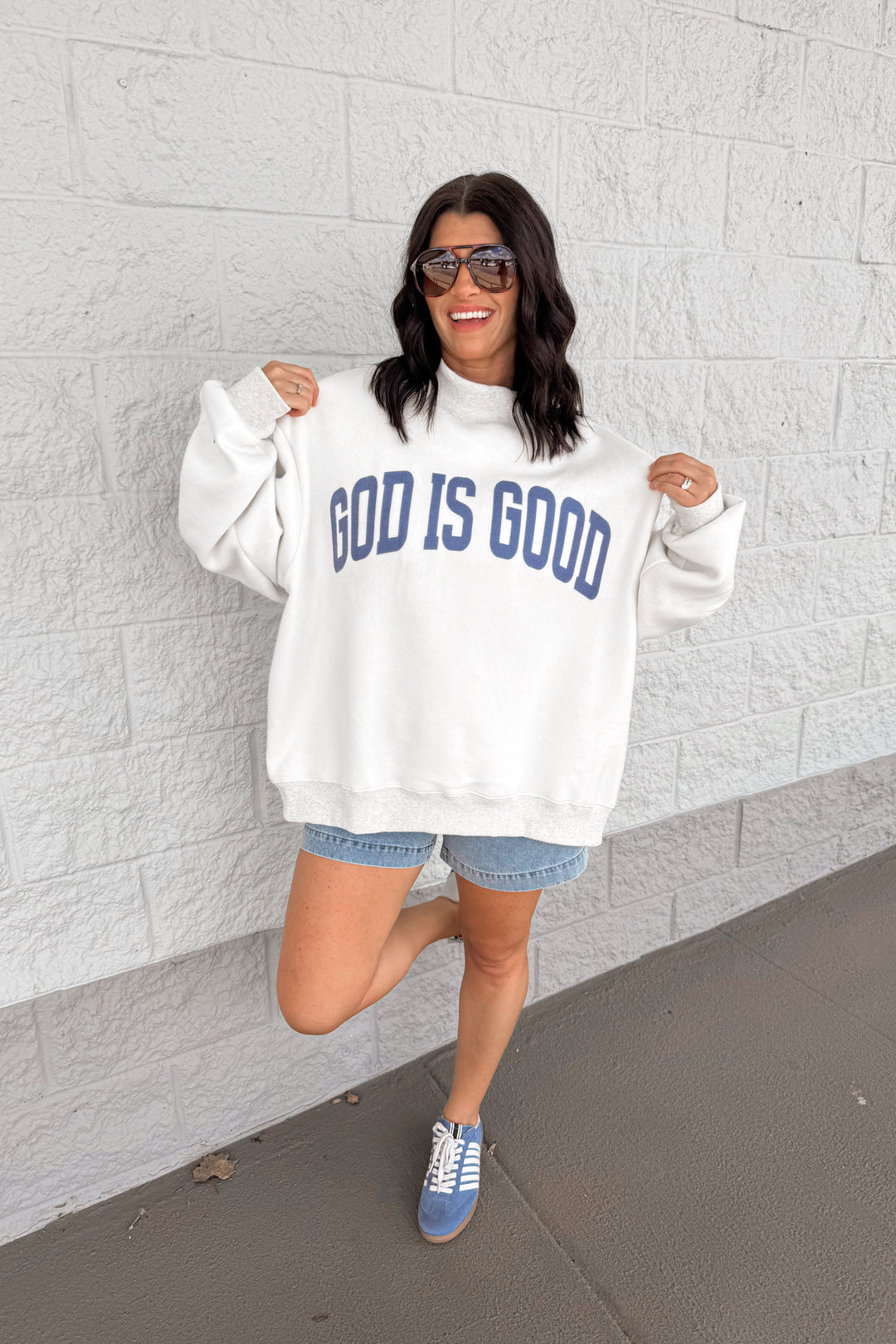 Jesus god is good reversible mock neck oversized sweatshirt fit pic 2