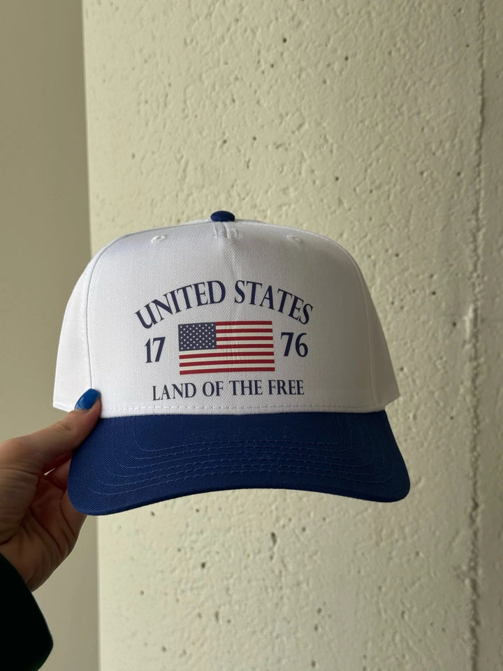 Red, white, blue, American flag trucker hat