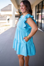 blue tiered ruffle sleeve dress
