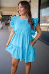 blue tiered ruffle sleeve dress