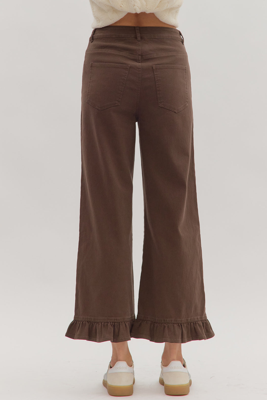womens entro brown ruffle bottom twill pants back