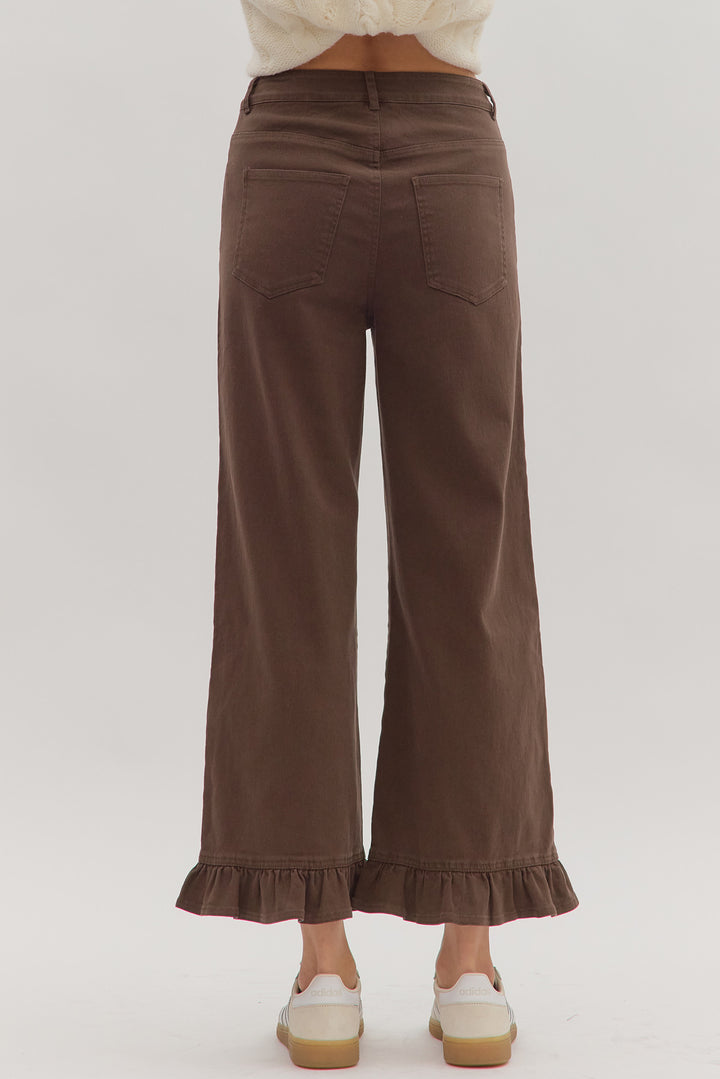 womens entro brown ruffle bottom twill pants back