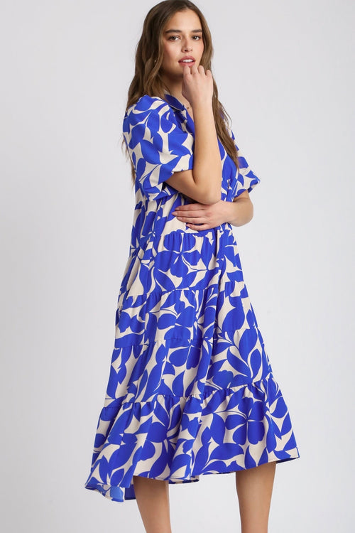 UMGEE Blue and cream leaf print tiered midi dress