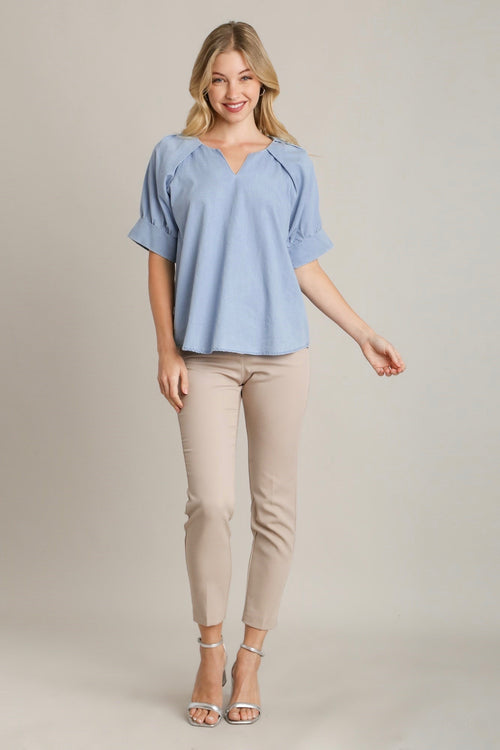 Umgee Chambray top in light blue denim with pleated back