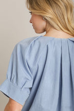 Umgee Chambray top in light blue denim with pleated back