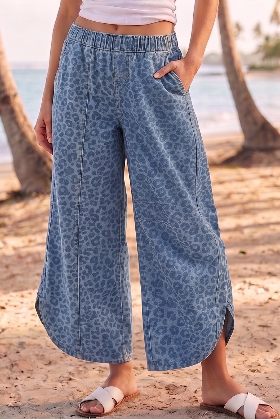 light blue denim tulip pants with side pockets