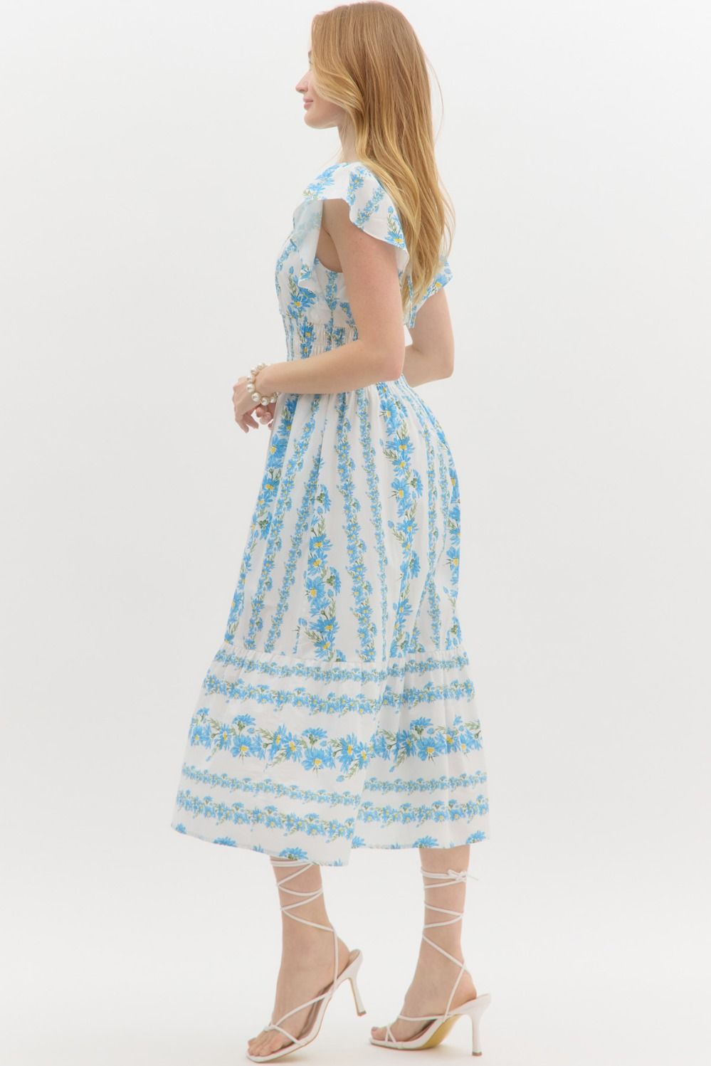 blue floral print entro smocked dress