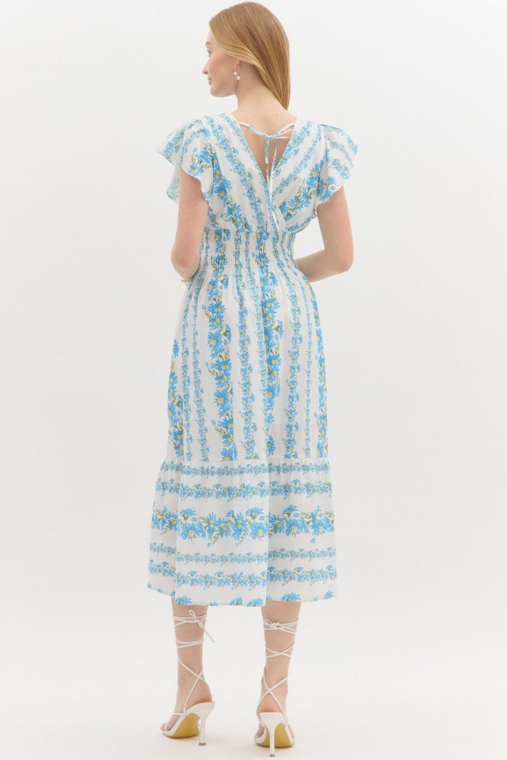 blue floral print entro smocked dress
