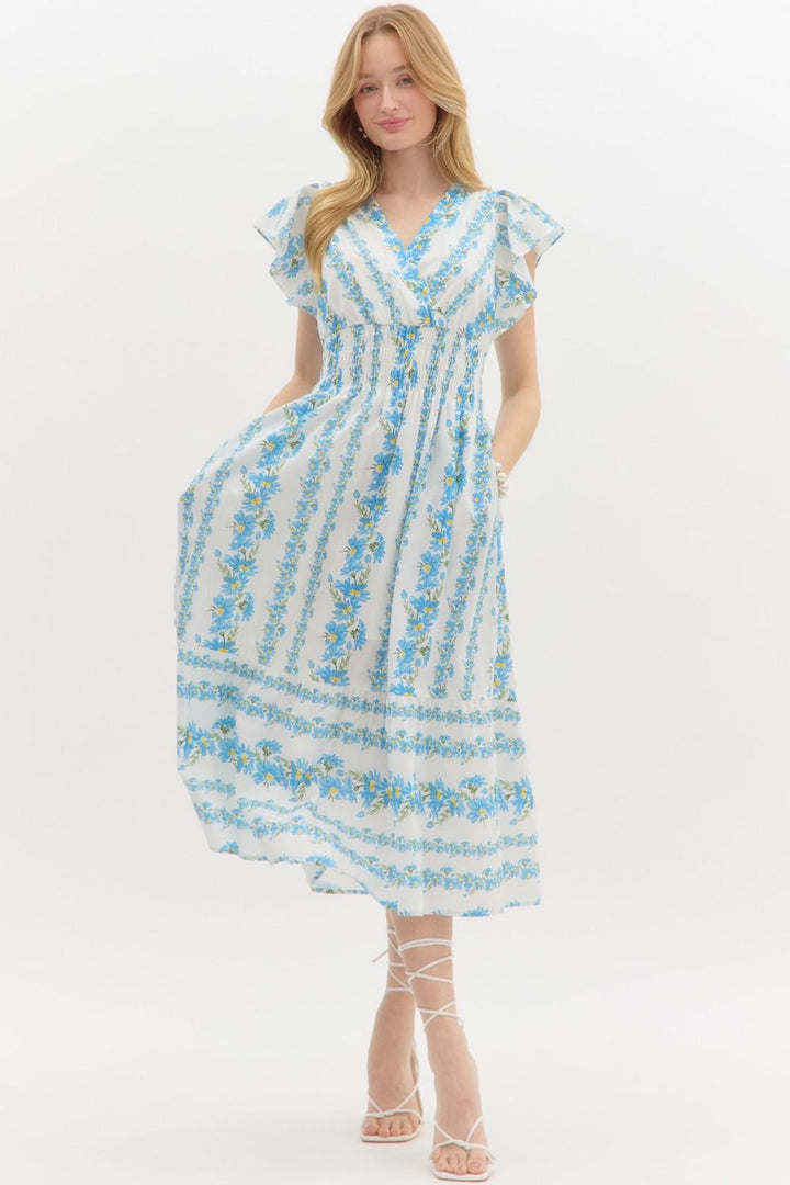 blue floral print entro smocked dress