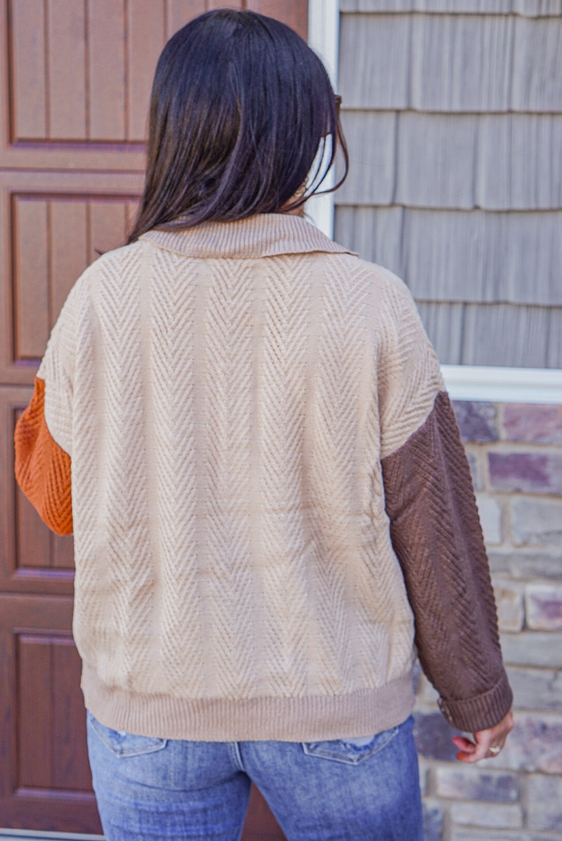 Beige oatmeal rust color block sweater