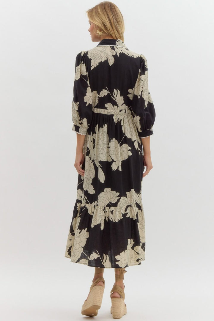 women's black floral print midi dress