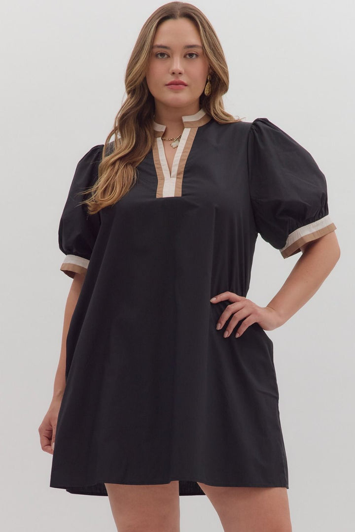 Women's black short dress with cream and tan trim by Entro in plus 