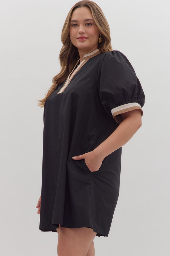 Women's black short dress with cream and tan trim by Entro in plus showing slight side view