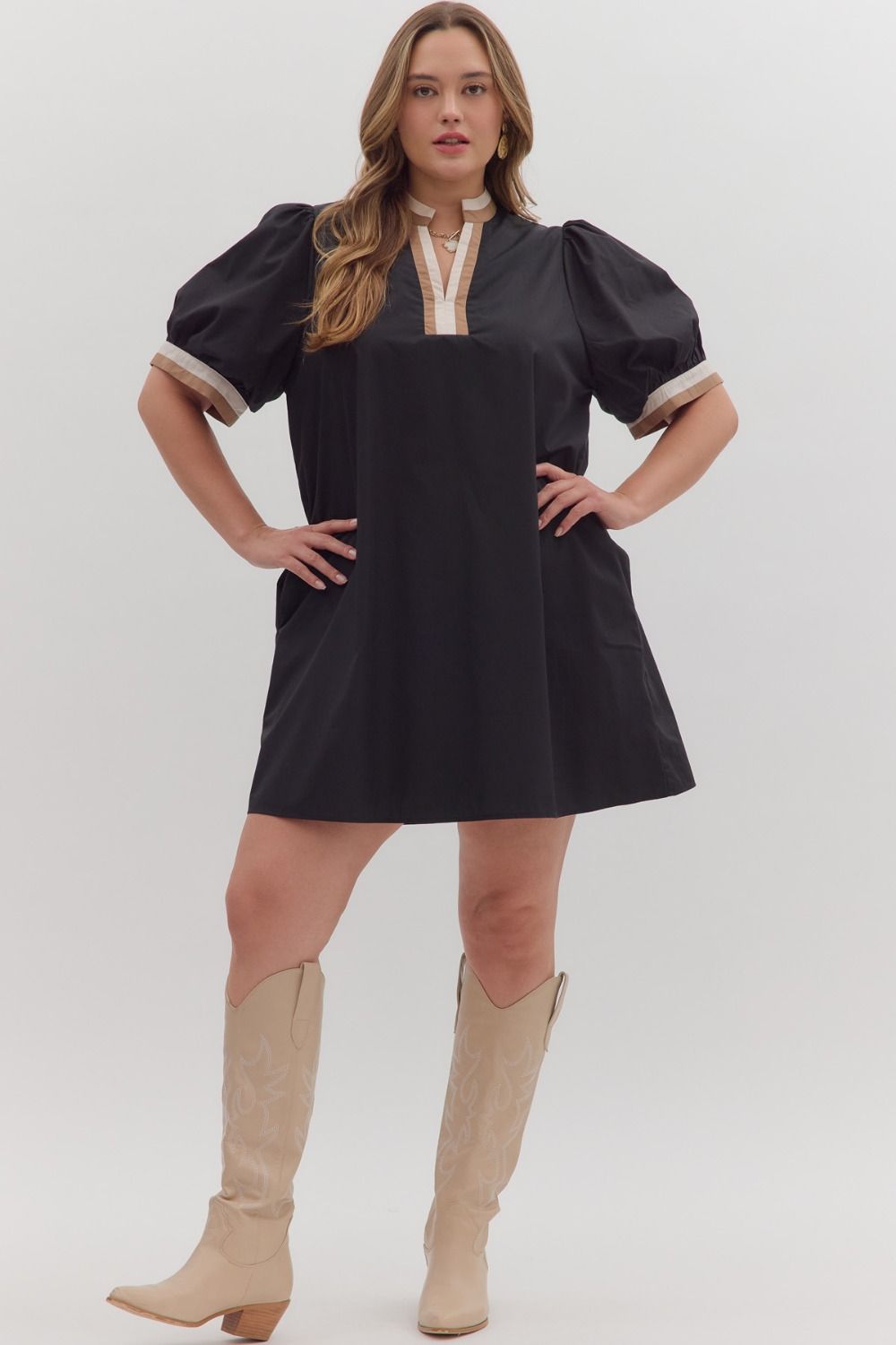 Women's black short dress with cream and tan trim by Entro in plus showing full front view 