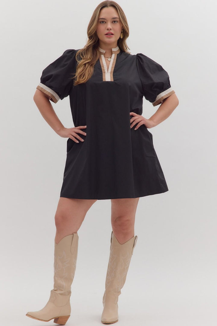 Women's black short dress with cream and tan trim by Entro in plus showing full front view 