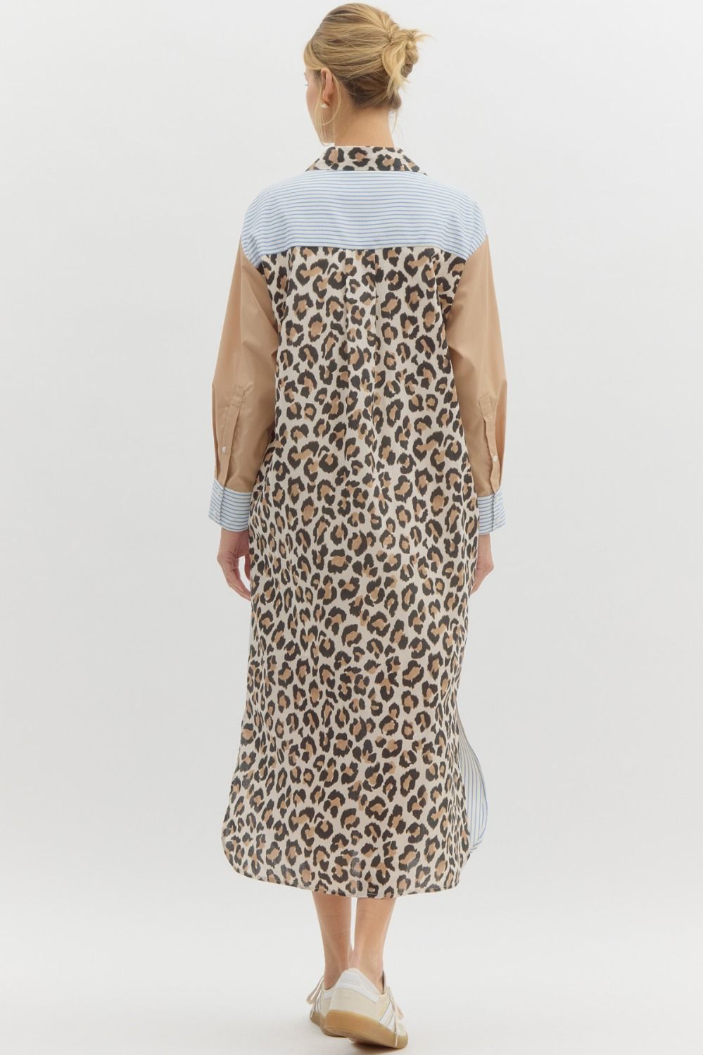 Women's seersucker blue striped and animal print color block spring and summer midi dress