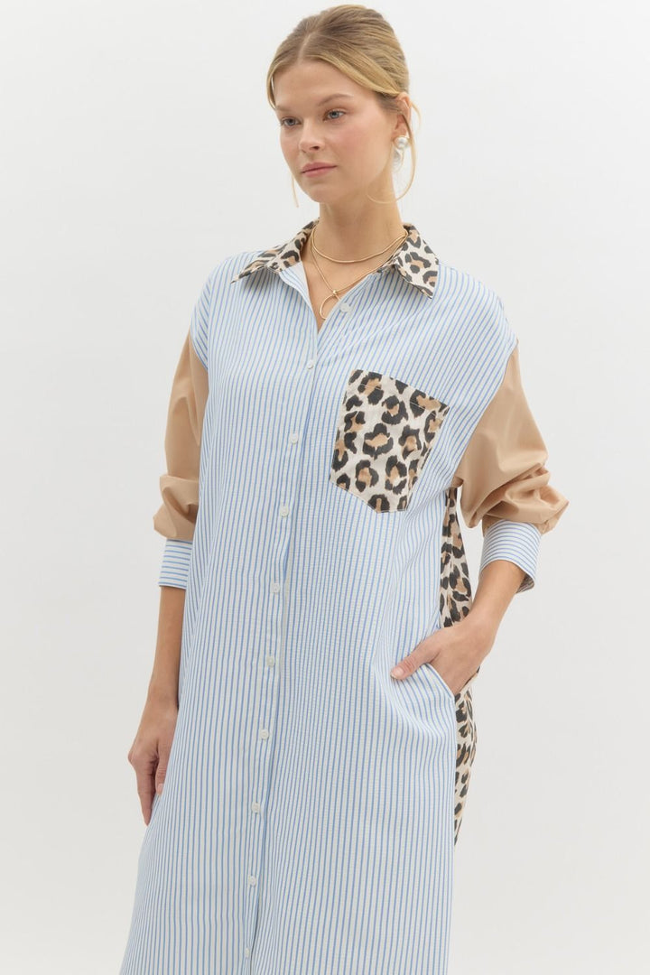 Women's seersucker blue striped and animal print color block spring and summer midi dress