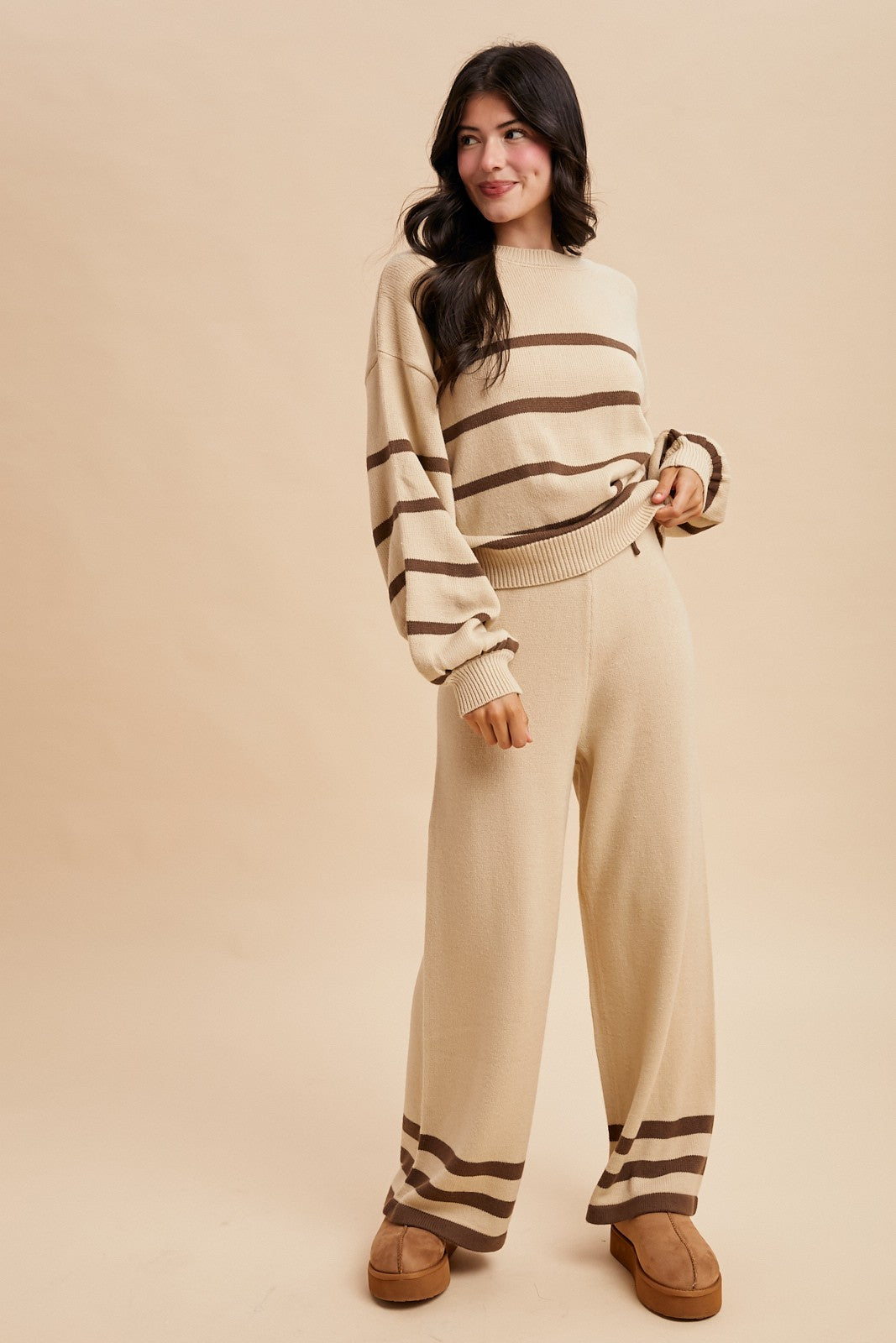 women's beige striped sweater and pants lounge set