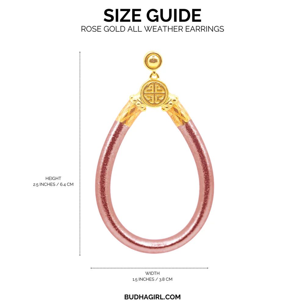Size guide for rose gold all weather Budhagirl earrings with dimensions