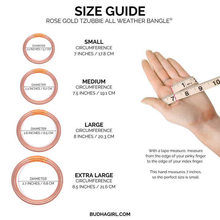 Size chart for Budhagirl rose gold tzubbie bangle bracelets
