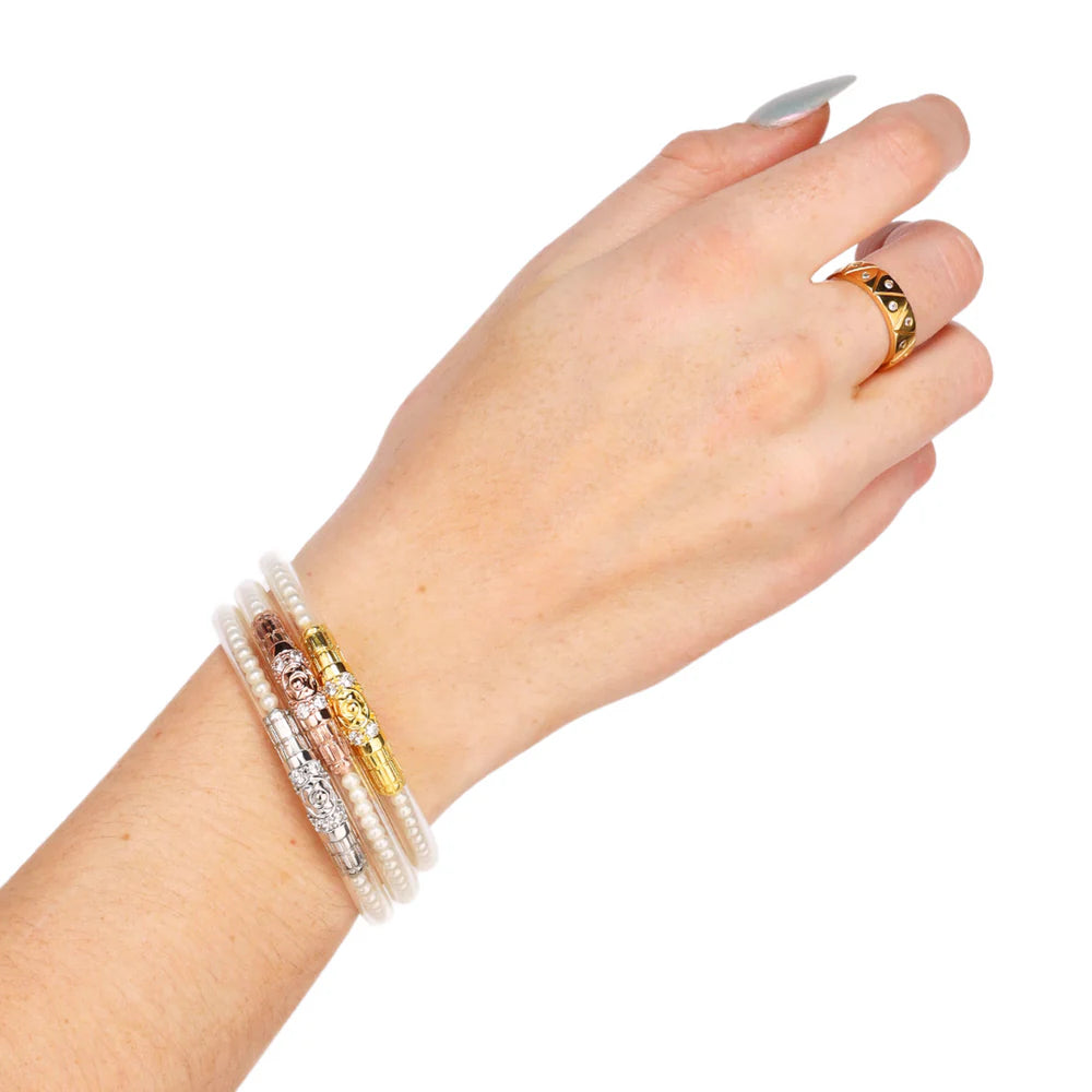 BuDhaGirl Three Queens All Weather Bangles White Pearl – Purple