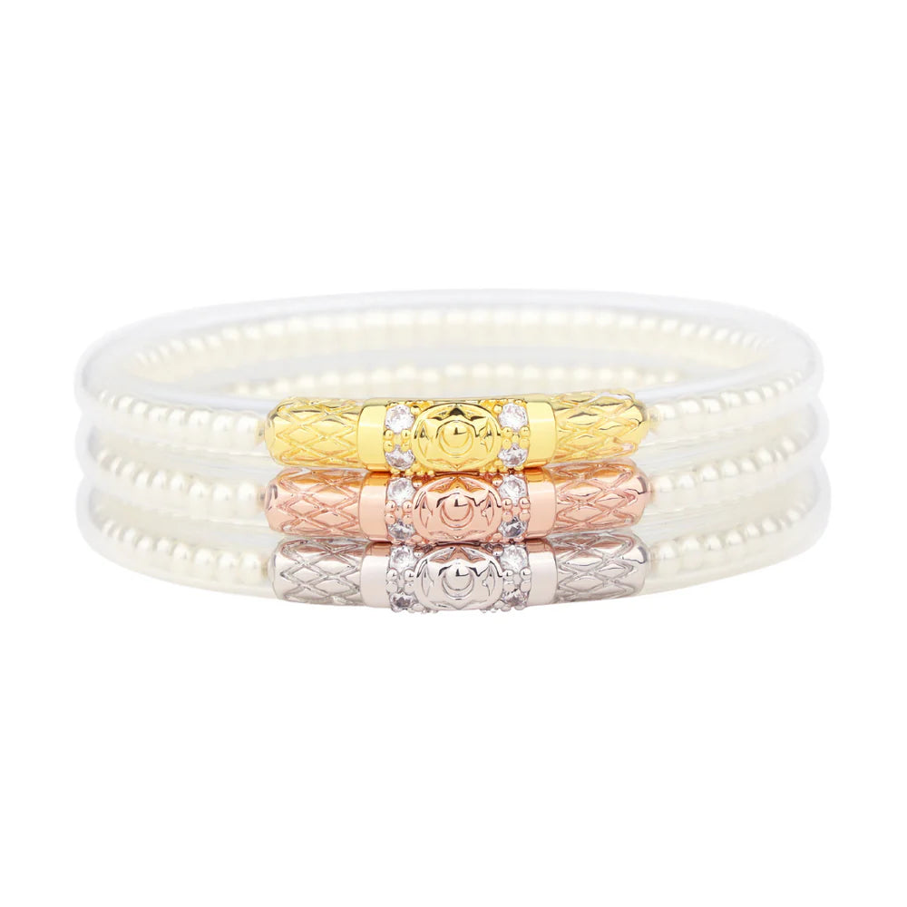 Budhagirl Three Queens white pearl all weather bangle bracelets