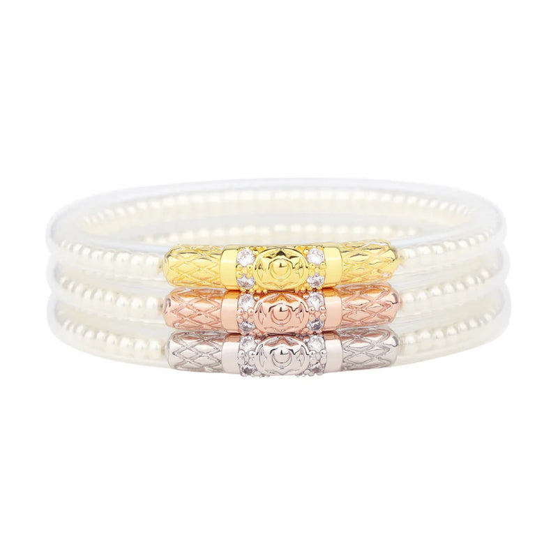 Budhagirl Three Queens white pearl all weather bangle bracelets