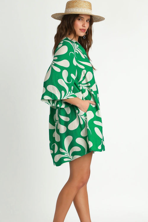 Umgee green tropical leaf print crinkle dress