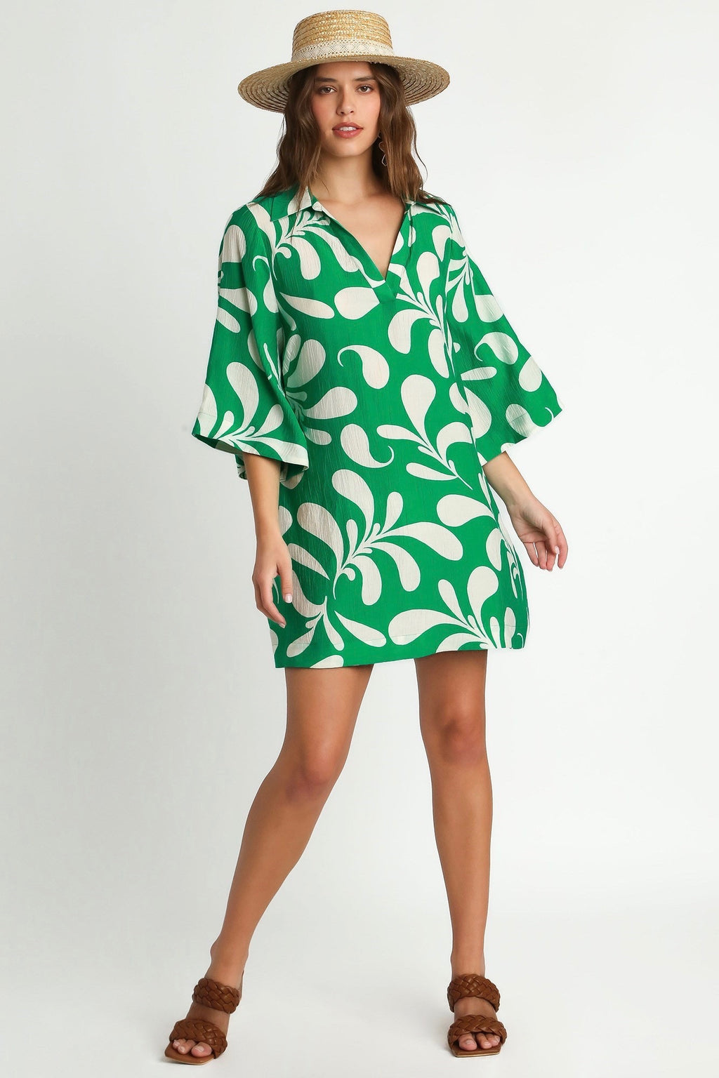 Umgee green tropical leaf print crinkle dress