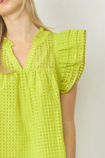 women's neon green ruffled sleeve top