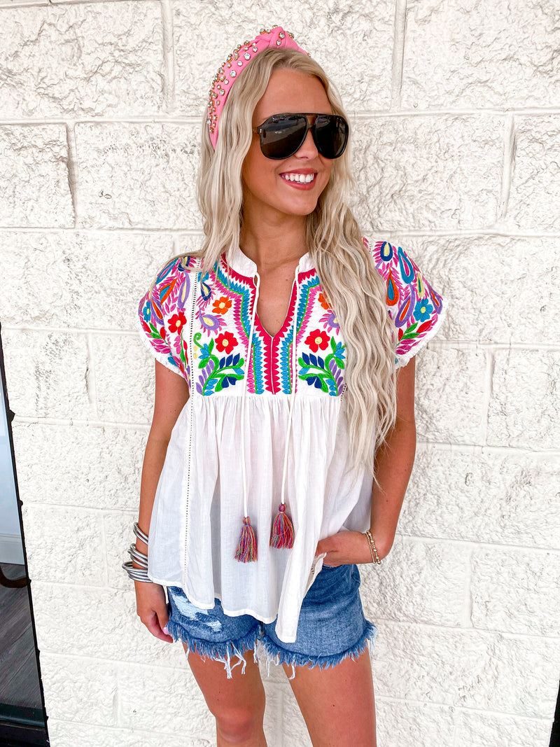 Ivory Multicolor Embroidered Babydoll Top