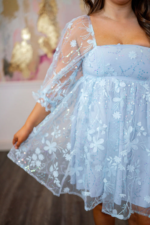 sequin blue floral babydoll dress